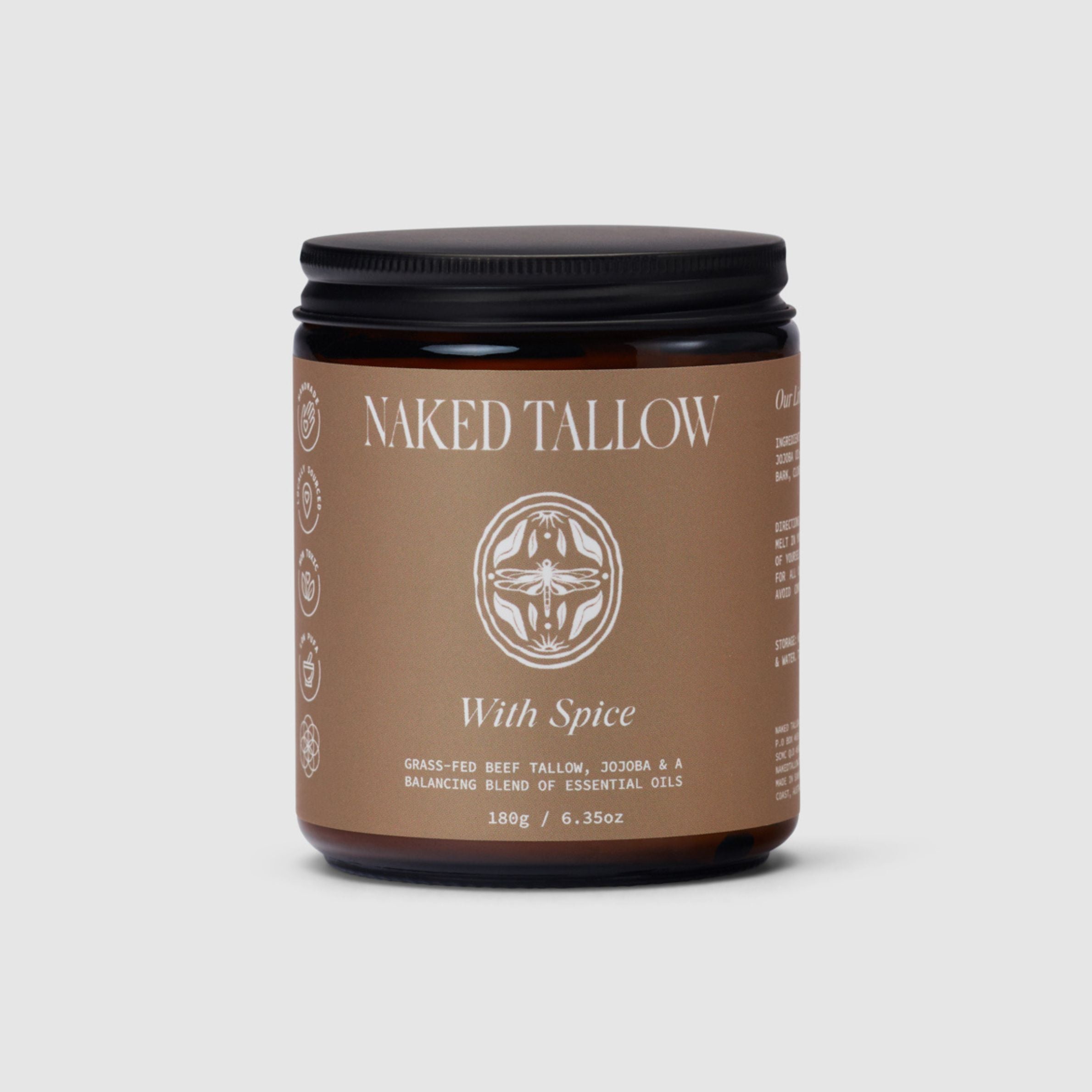 Jar of Naked Tallow with Spice on a light gray background