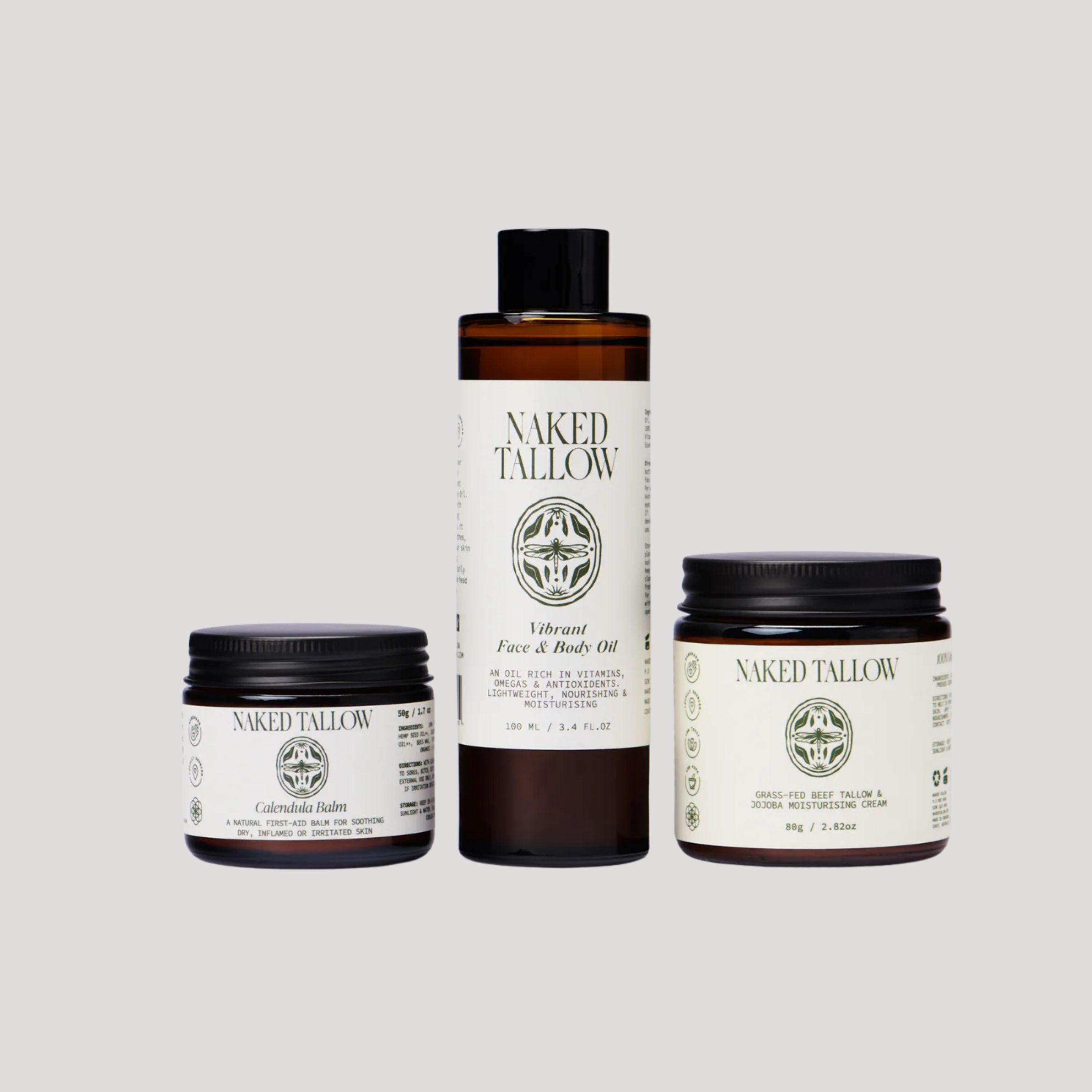 Three Naked Tallow products on a light gray background