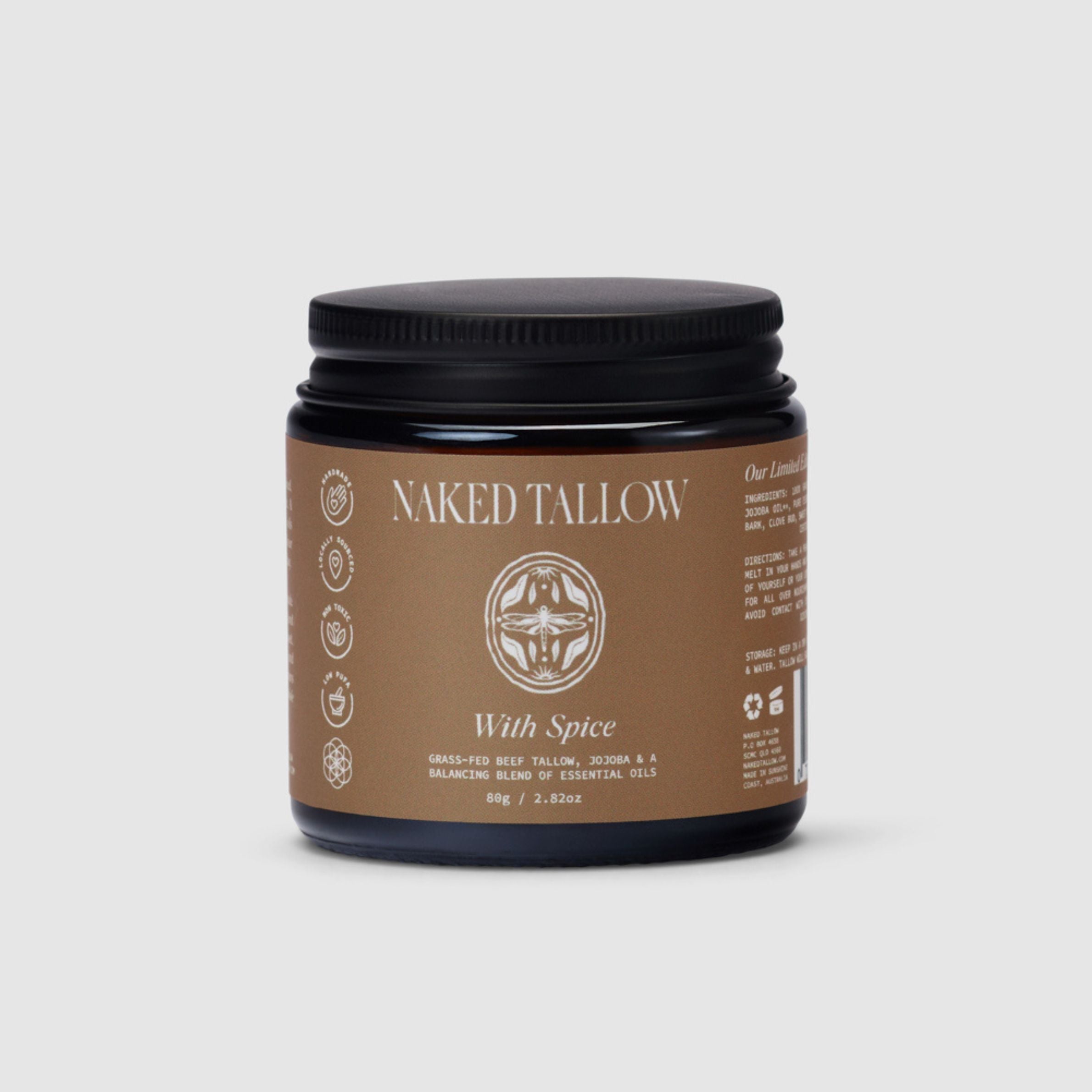 Jar of Naked Tallow with Spice on a light gray background