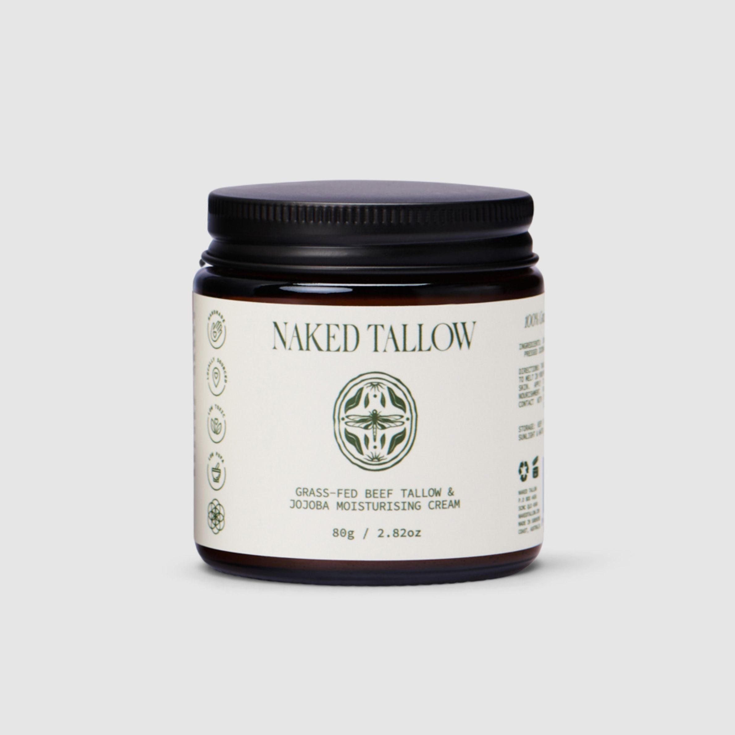 Jar of Naked Tallow moisturizing cream on a light gray background