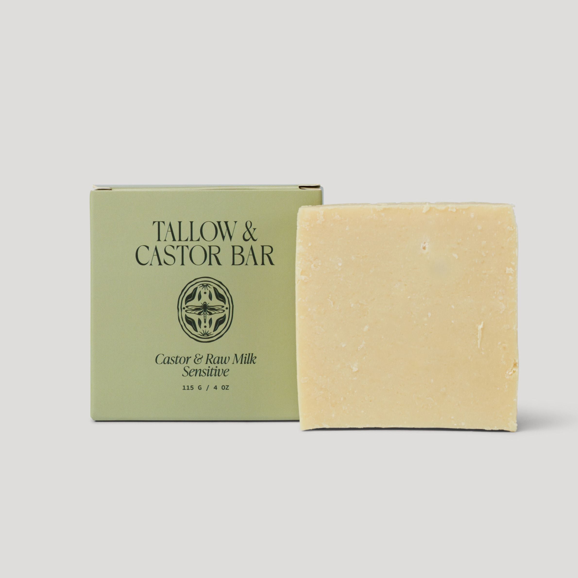 Bar of soap and its packaging with 'Tallow &amp; Castor Bar' branding on a light gray background.