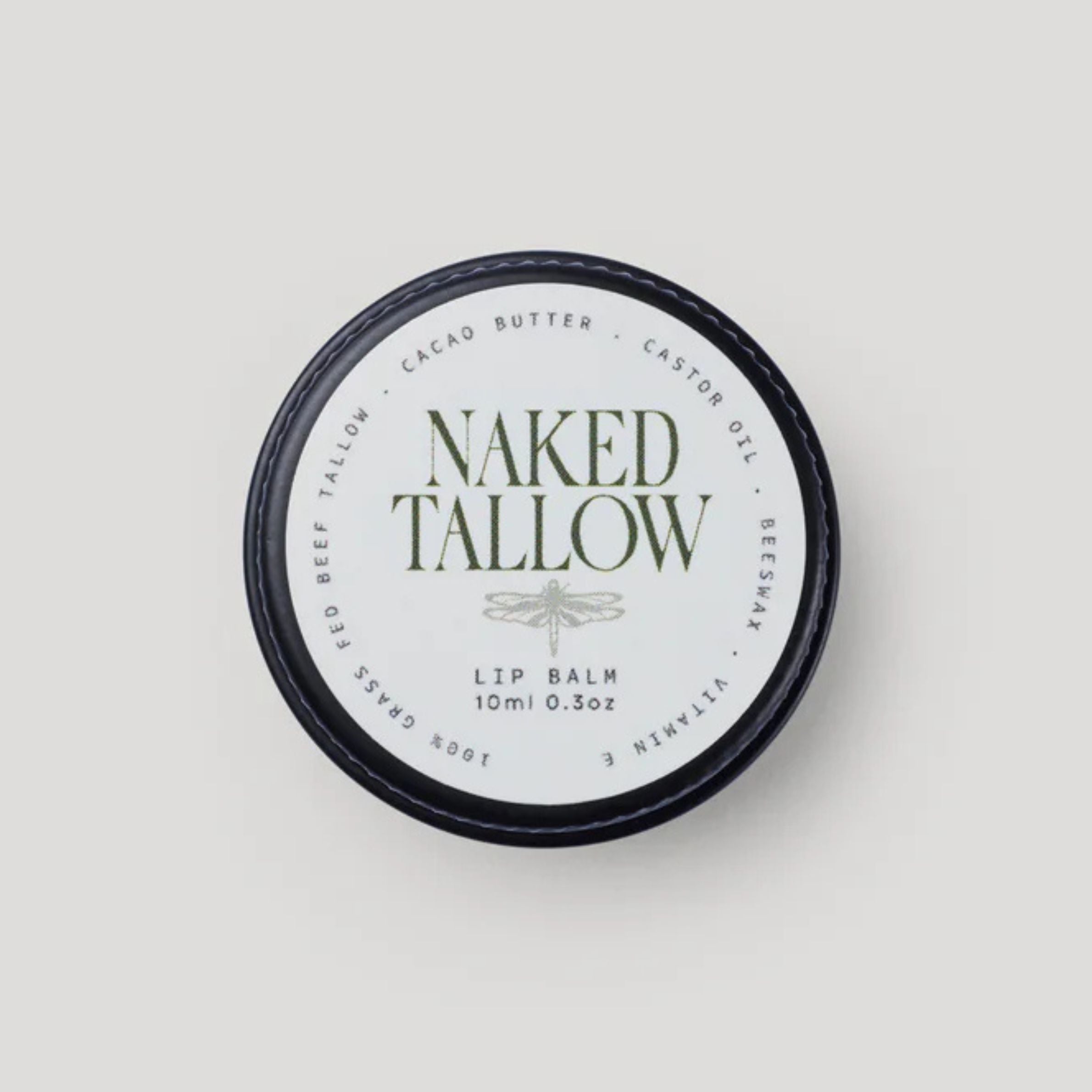 Naked Tallow lip balm container on a light gray background