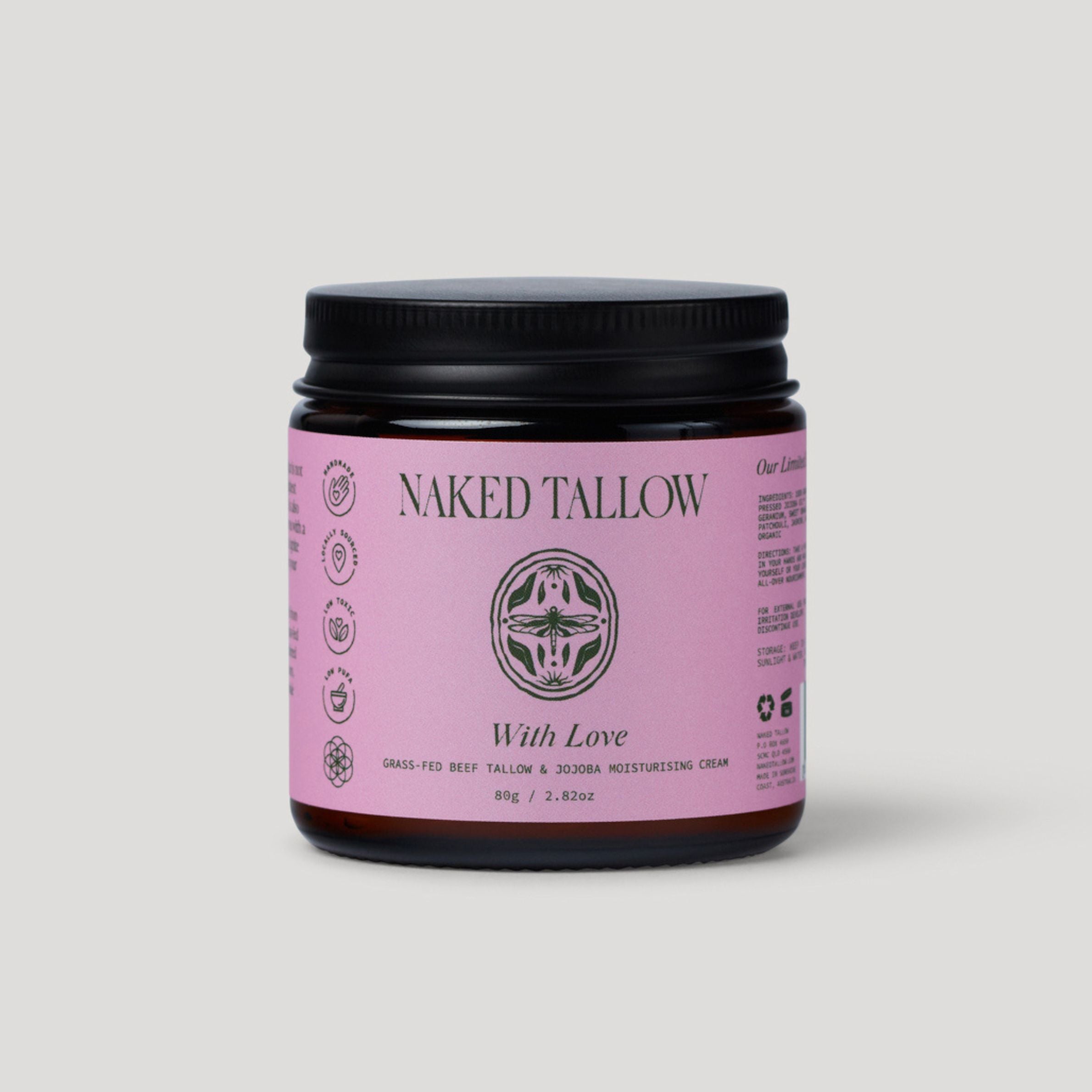 Jar of Naked Tallow cream with pink label on a light gray background