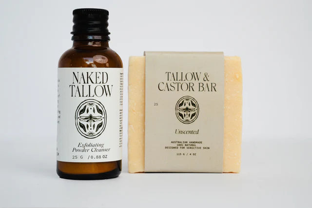 Naked Tallow powder cleanser and Tallow & Castor Oil Soap Bar on a minimal light gray background – natural beef tallow soap from Australia.