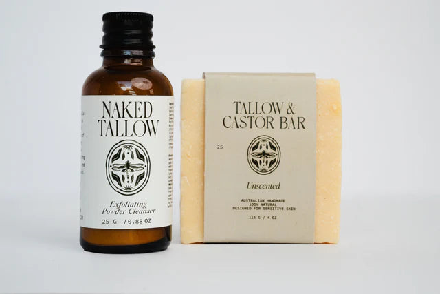 Naked Tallow powder cleanser and Tallow & Castor Oil Soap Bar on a minimal light gray background – natural beef tallow soap from Australia.