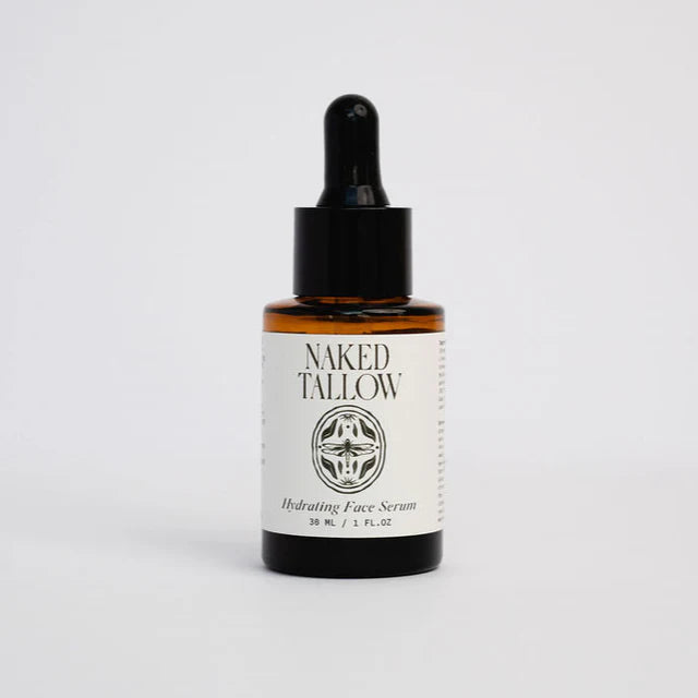 Naked Tallow hydrating face serum bottle with dropper on a light gray background nourishing natural serum for dry and sensitive skin, made with beef tallow and botanical oils in Australia.