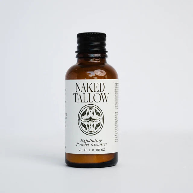 Naked Tallow Powder Cleanser in a minimalist jar on a soft-toned background – gentle exfoliating cleanser made with natural ingredients for sensitive skin, crafted in Australia.