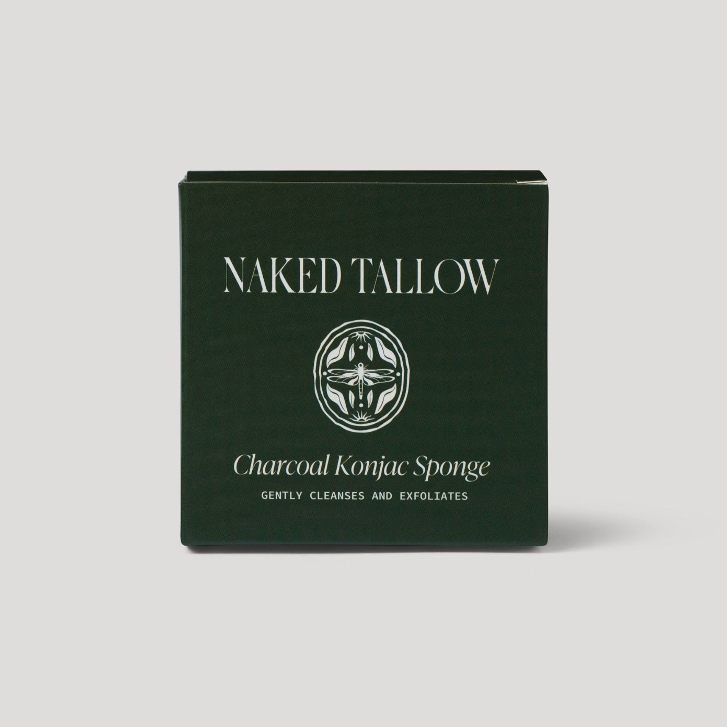 Naked Tallow charcoal konjac sponge packaging on a light gray background