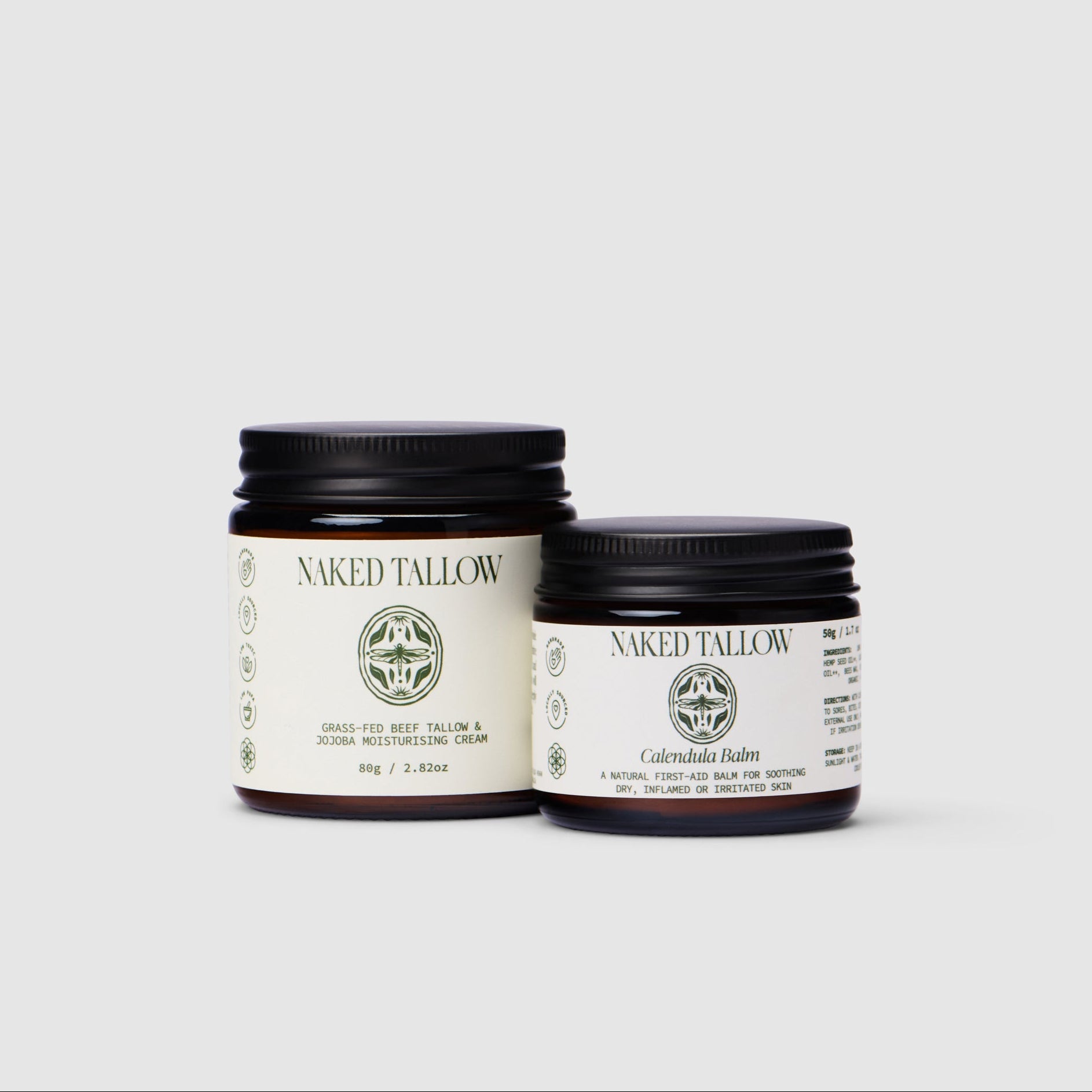 Two jars of Naked Tallow balm on a white background