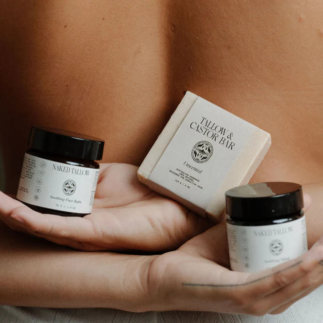 calming natural beef tallow balm for sensitive skin, handmade in Australia by Naked Tallow.