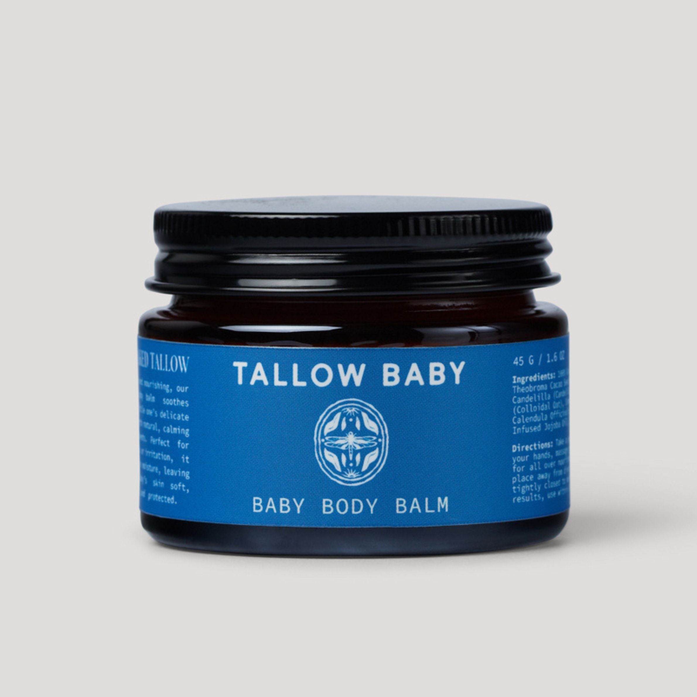 Tallow Baby baby body balm jar with blue label on a light gray background