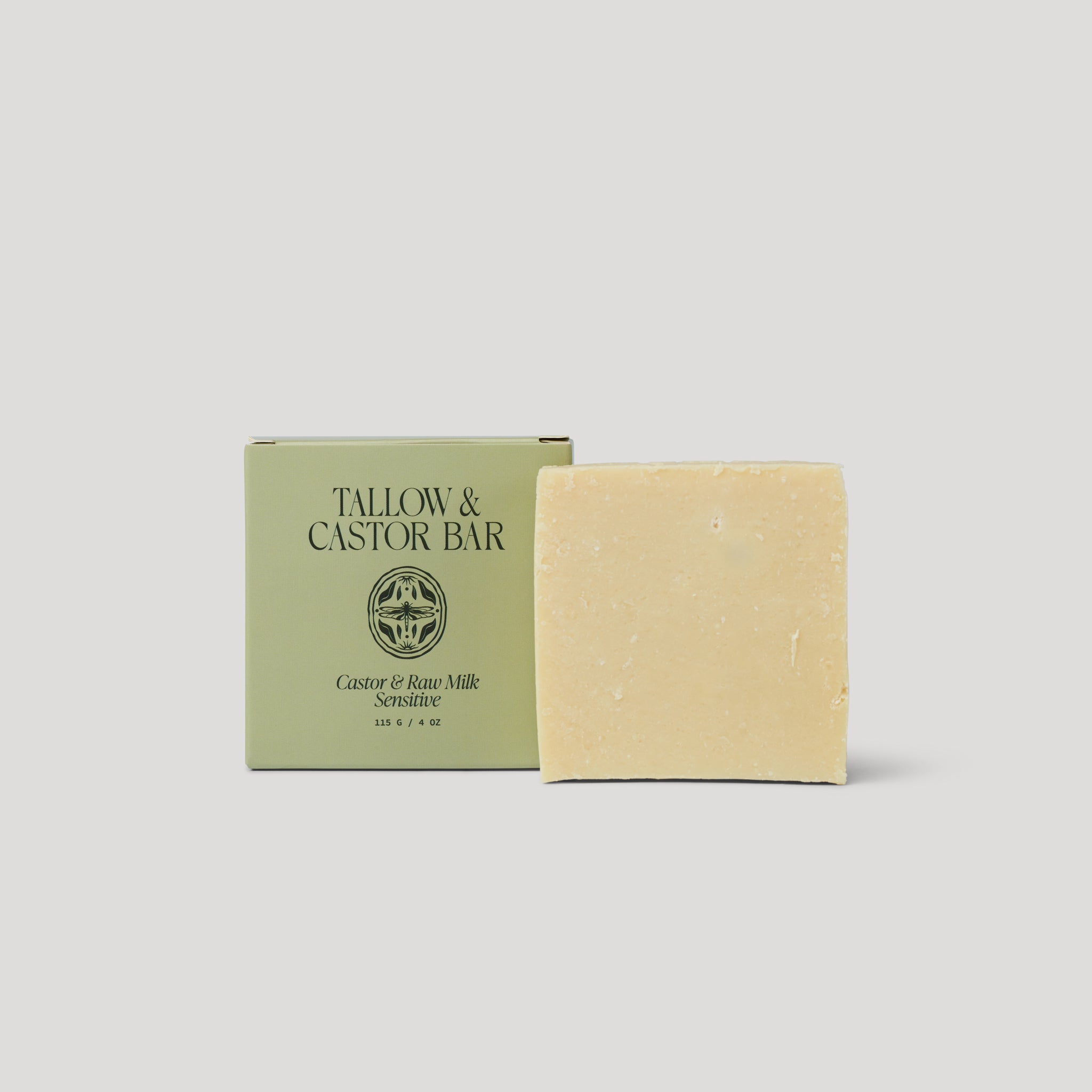Bar of soap with a green packaging label on a light gray background