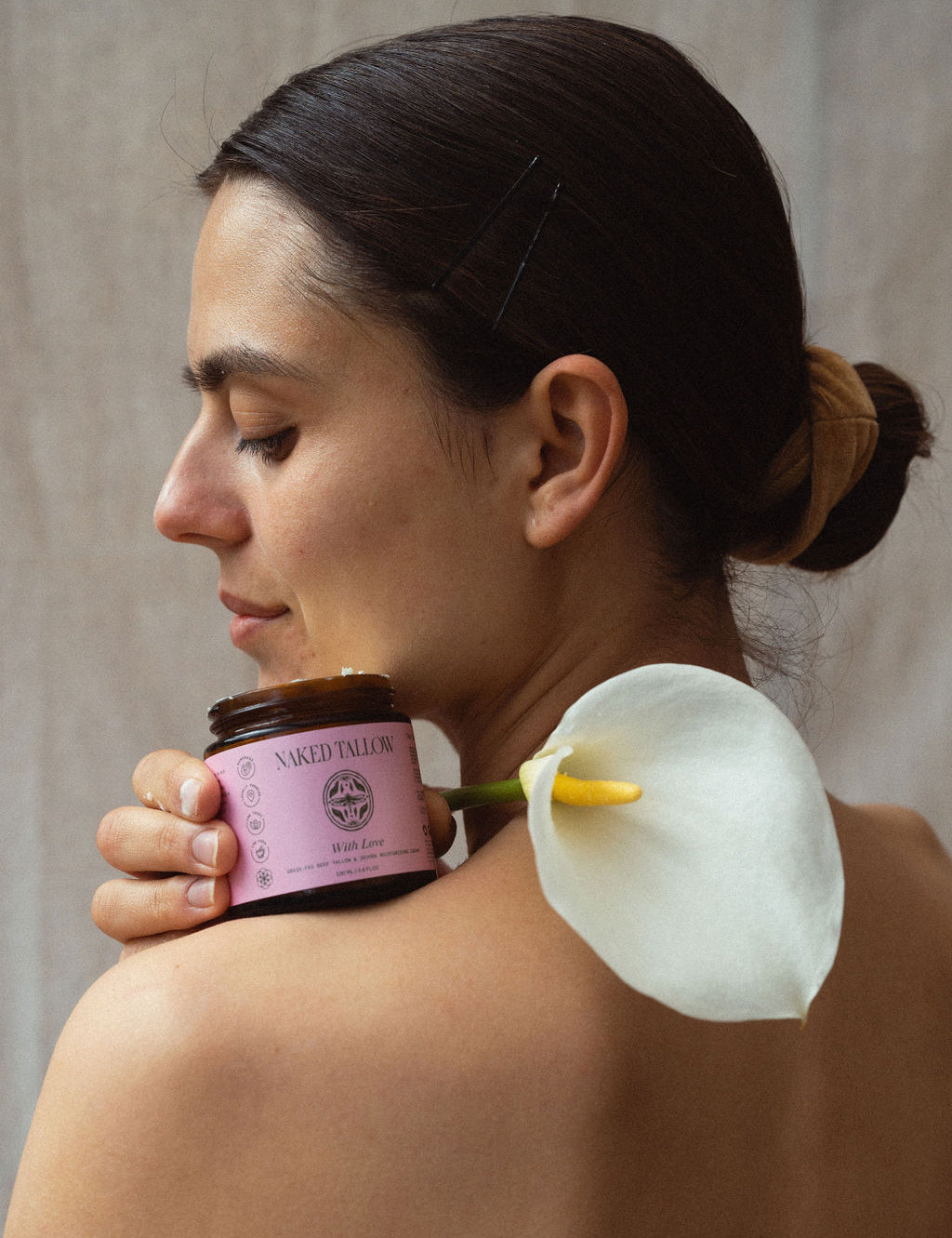 With Love nourishing balm in amber glass jar – multipurpose tallow-based skincare for dry, sensitive, or delicate skin – natural Australian tallow balm by Naked Tallow.