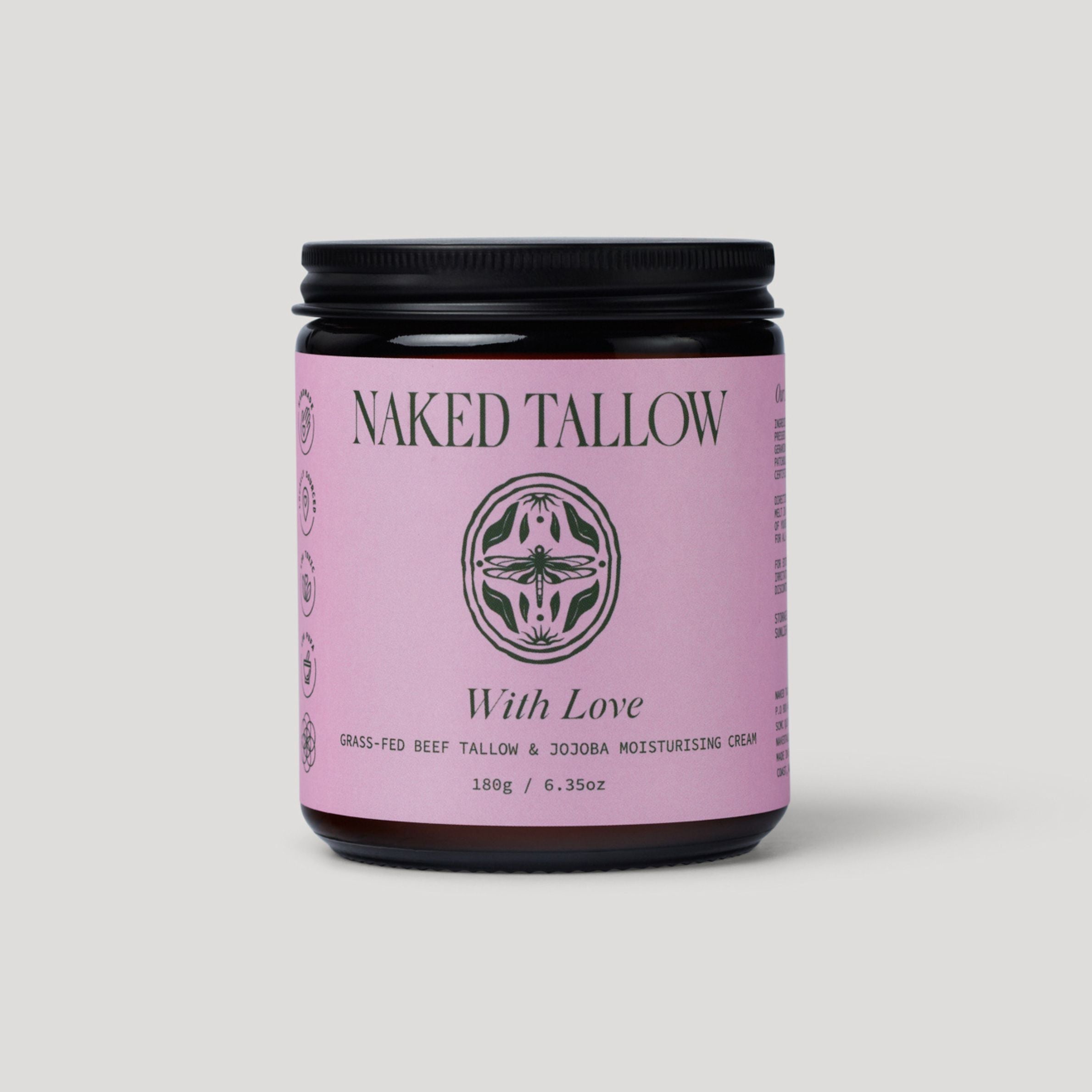 Jar of Naked Tallow cream with pink label on a light gray background